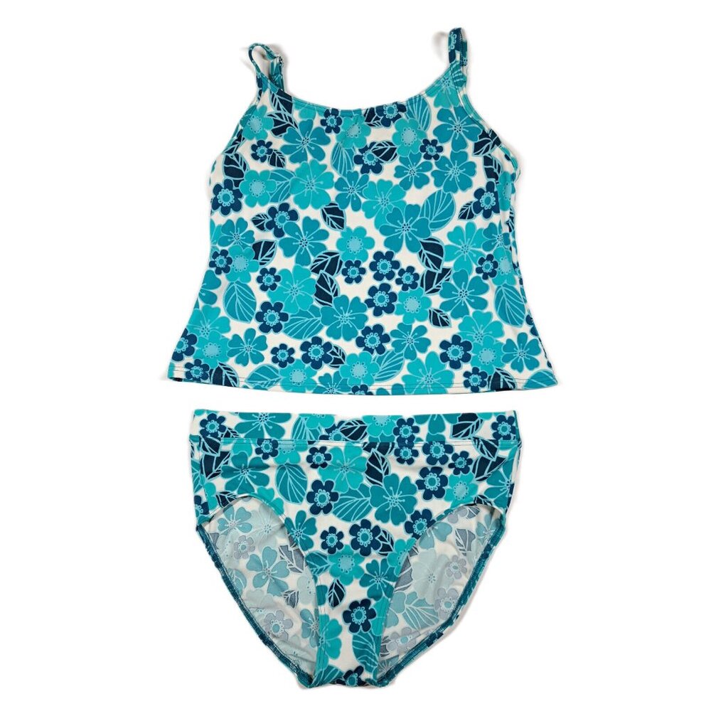 LL Bean Womens Tankini Swimsuit 8 Blue Floral 2 Piece Bikini Top Bottom Brief M